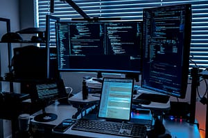 a desk with several monitors